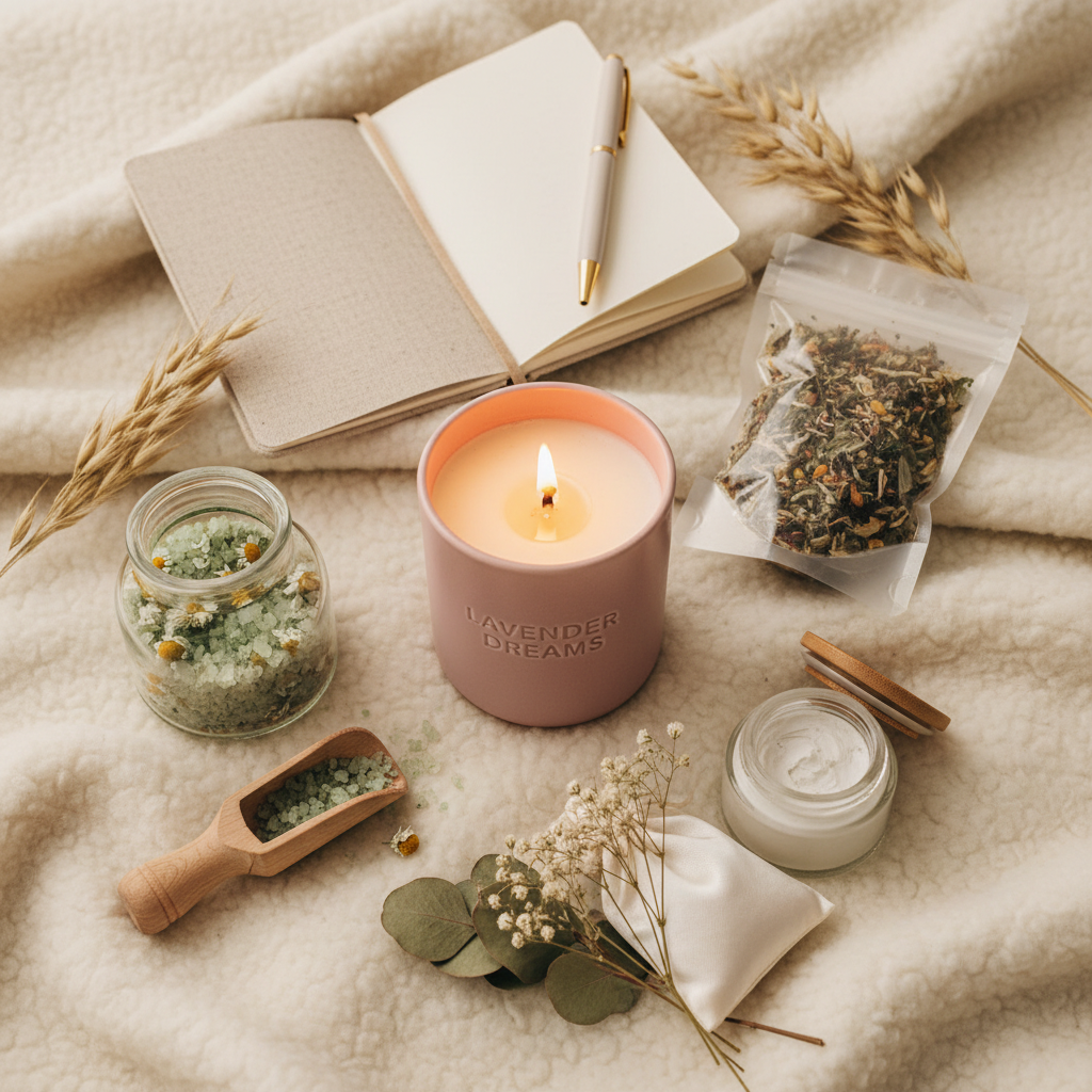 Self-Care Kit flatlay with candle, bath salts, journal, herbal tea, face mask, and dried flowers
